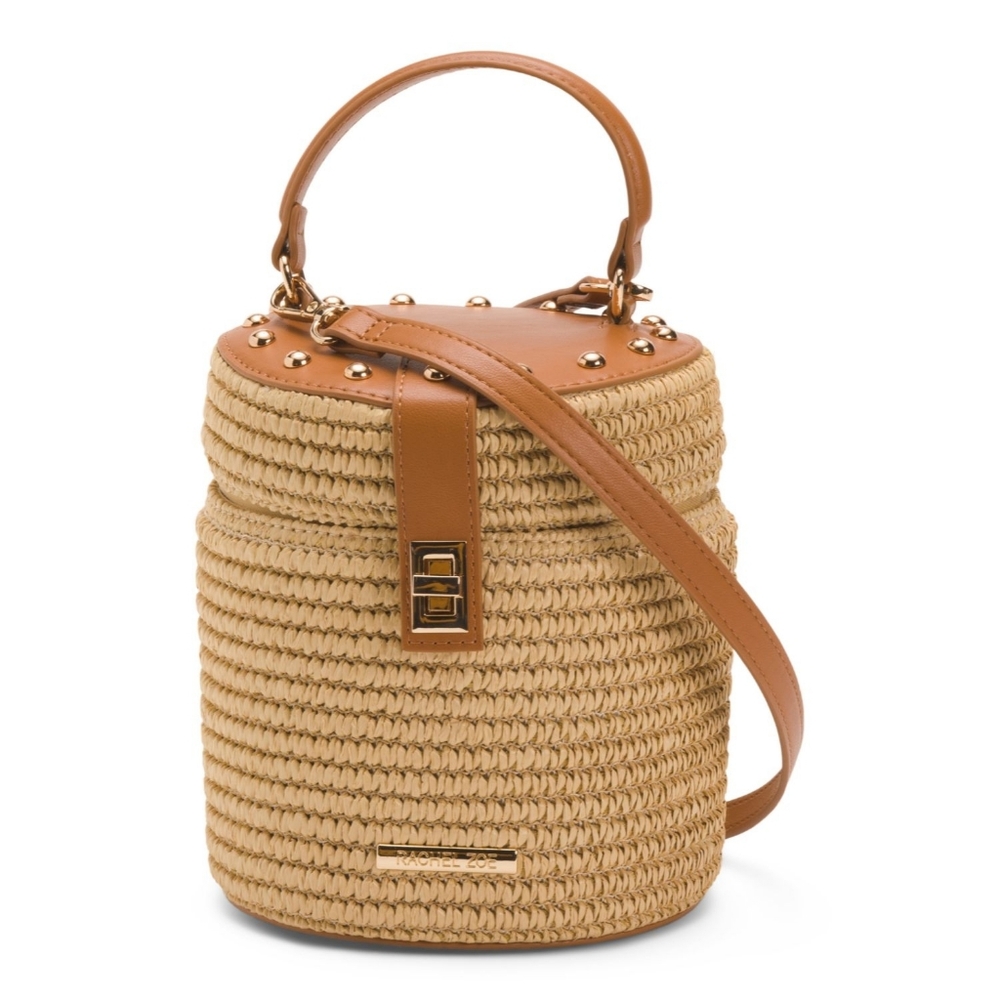 Rachel Zoe Tan Straw and Leather Bucket Crossbody - Picture 1 of 3